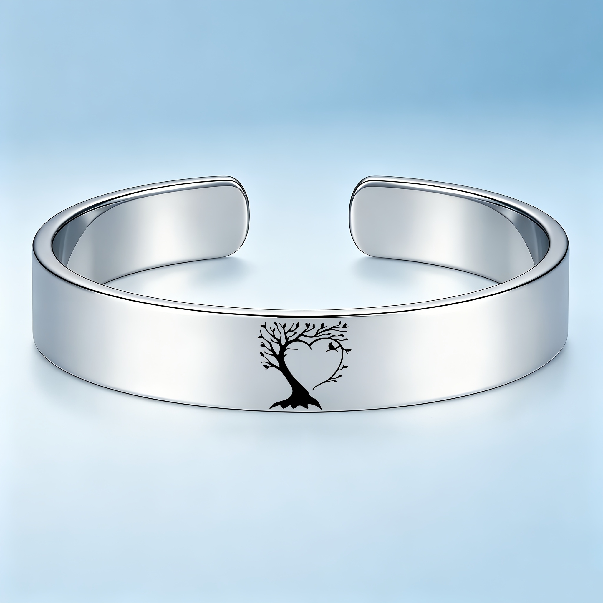 Heart Tree Pattern Waterproof 304 Stainless Steel Open Bangle